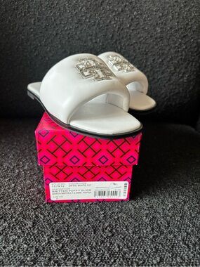 Tory Burch White Britten Puffy Slide Sandals with Silver Logo